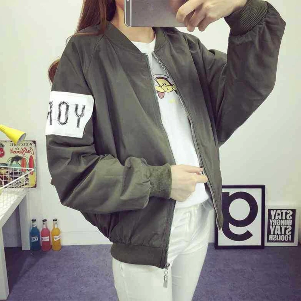 Корейский стиль женская куртка-бомбер с длинным рукавом и буквенным принтом