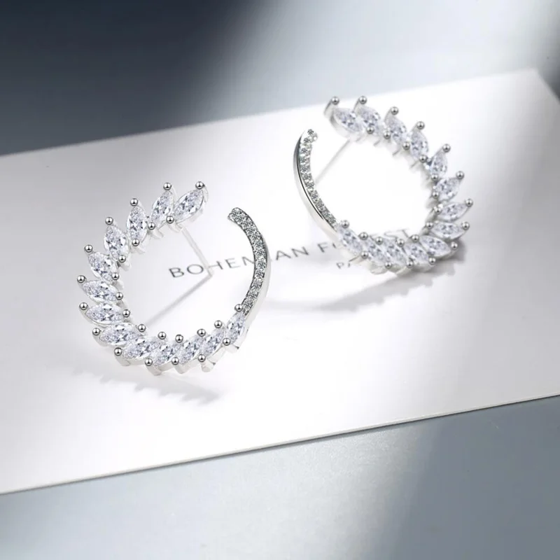 KOFSAC Exquisite Zircon Elegant Geometric Feather Hoop Earrings For Women Jewelry 925 Sterling Silver Earring Lady Birthday Gift