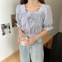 summer 2021 harajuku plaid tshirts vintage puff sleeve ruffles tee shirts square collar short casual loose sweet womens clothes