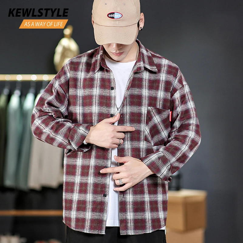 Рубашка мужская клетчатая с длинным рукавом модная уличная одежда в Корейском