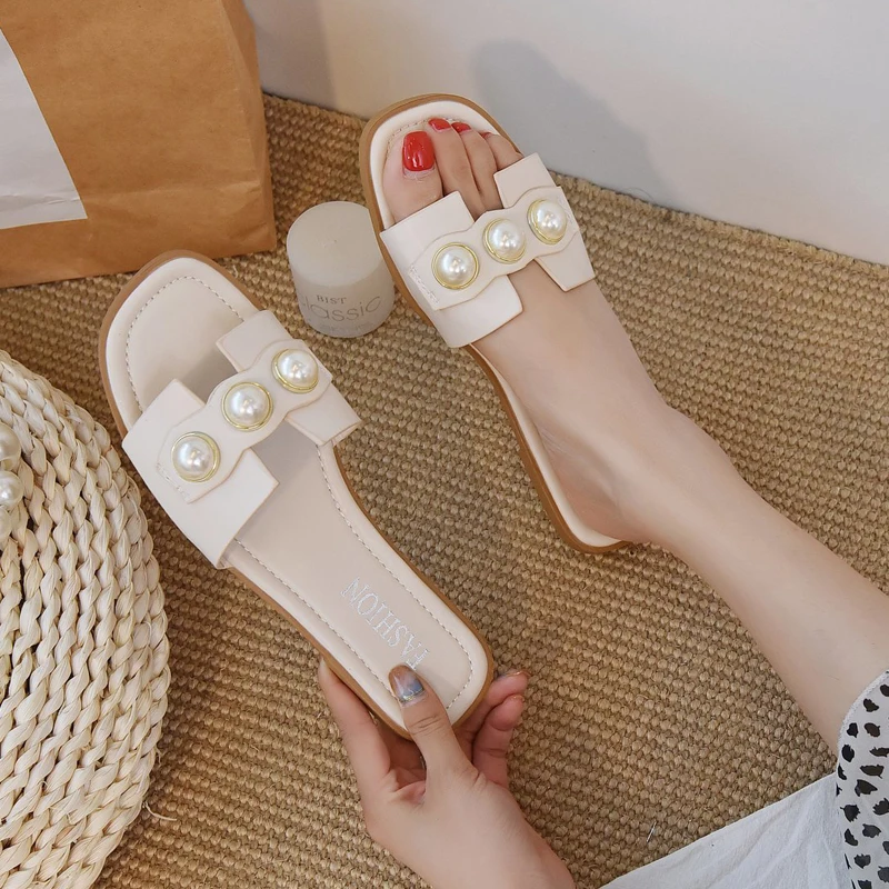 

Шлепанцы женские с жемчугом, повседневные сандалии на плоской подошве, пляжные тапочки, сланцы, модель Лето 2021