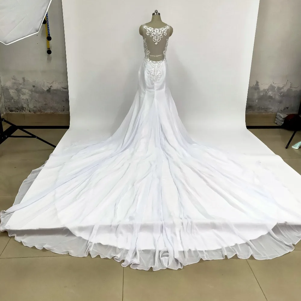 

New European American Sequined Flower Hollow Mesh Gauze Slim Waist Waist Mermaid Bride Looks Thin and Long Tail Wedding Dress
