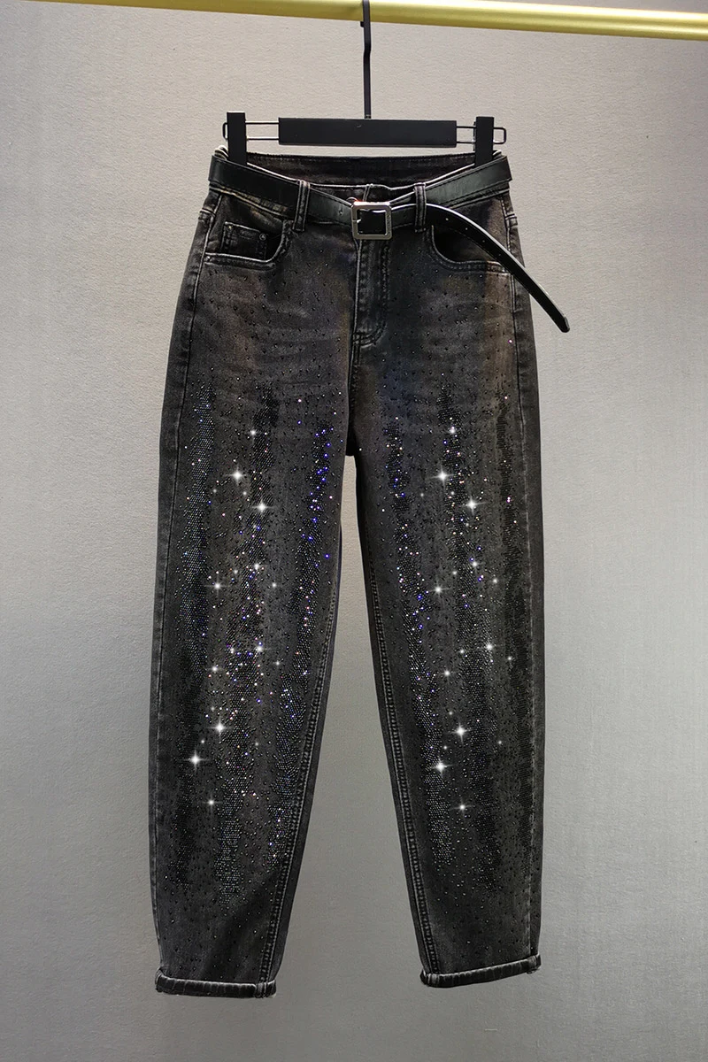 

2021 New Spring Women's Rhinestone Black Cotton Elastic Jeans Ladies High Waist Loose Slim Cross Denim Pants