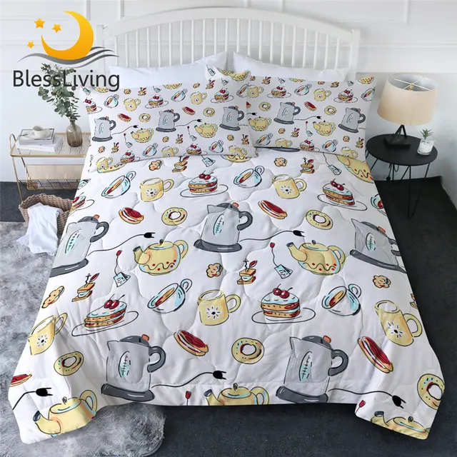 BlessLiving Tea Party Summer Quilt Afternoon Tea Thin Duvet for Girls Lovely Bedding Queen Sweet Cake Summer Bedspread 3-Piece 1