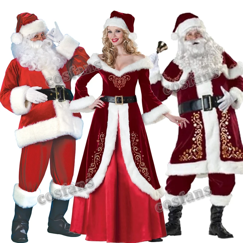 

Рождественский костюм Санта Клауса для мужчин и женщин, одежда для косплея бороды, нарядный костюм на Рождество