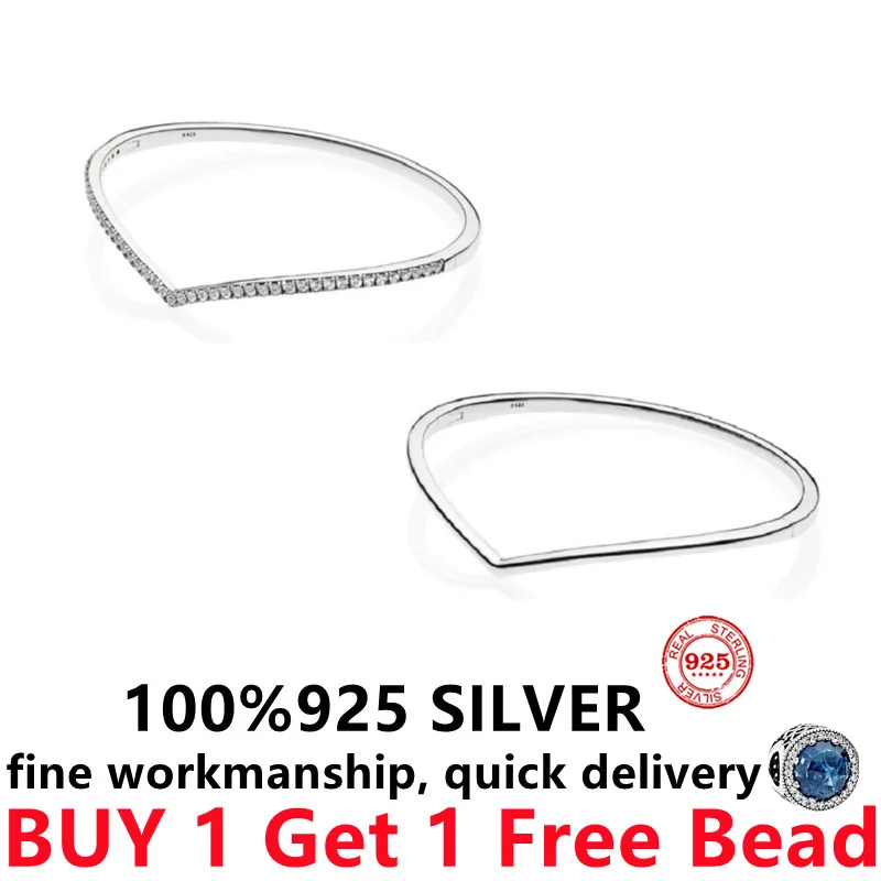 

2021Hot sale Free Delivery 925 Sterling Silver Pandor DIY Charm Beads Polished Sparkling Wishbone Bangle Suitable Women jewelry