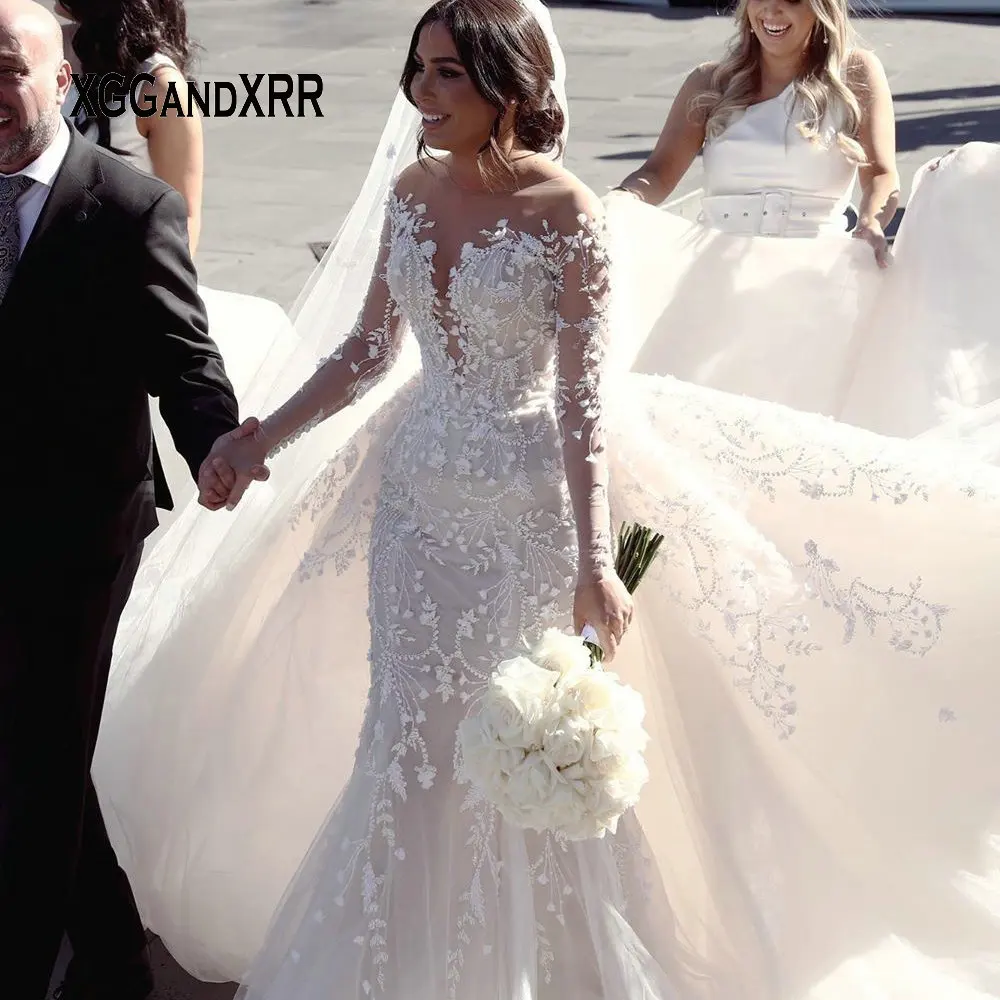 

Luxury Mermaid Wedding Dress 2020 Bridal Gown Scoop Beading Flower Lace Overskirt Long Train White Bride Dress Custom made