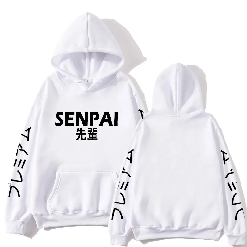 

Men Hoodies Spring Anime Senpai Design Letter Print Hooded Male Women Sweatshirts Streetwear Funny Black Pullover Tops Clothes