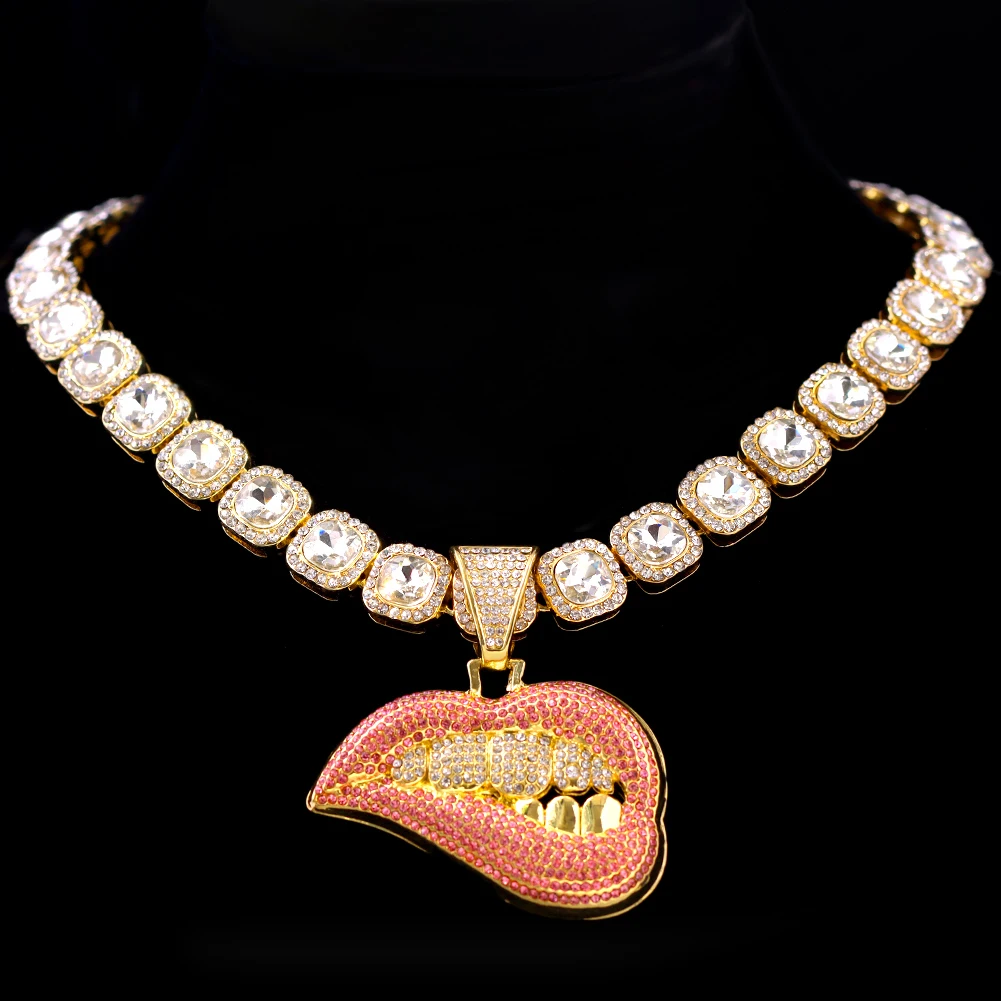 

Hip Hop Bite Lip Shape Pendant Necklace for Men Women Iced Out Bling Crystal Cuban CZ Chain Link Necklaces Fashion Rock Jewelry