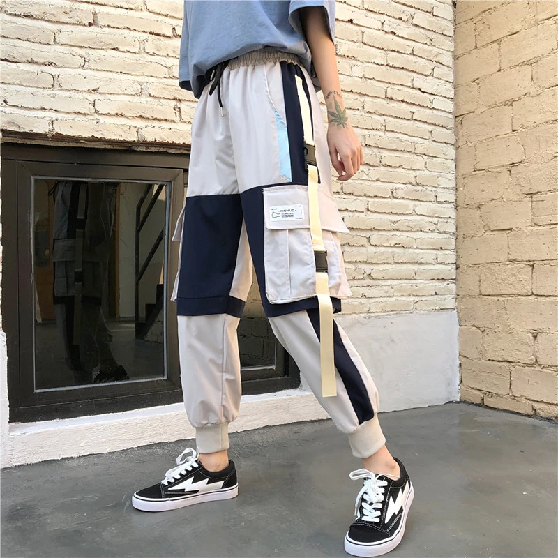 

Overalls Women's Thin Cotton High Waist Pockets Contrast Color Loose Personality All-Match Straight Leg Sports Pants Women 2021