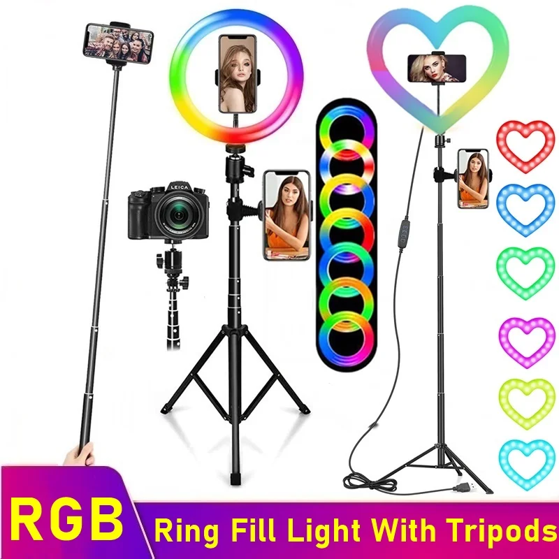 tongdaytech heart dimmable rgb led selfie ring fill light photo ring lamp tripod for makeup video live aro de luz para celular free global shipping