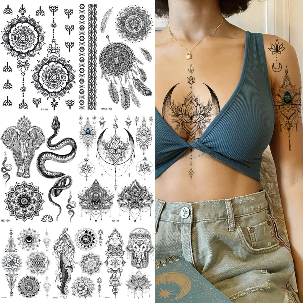 

Black Henna Moon Temporary Tattoos For Women Adults Realistic Elephant Snake Whale Feather Fake Tattoo Sticker Body Arm Tatoos