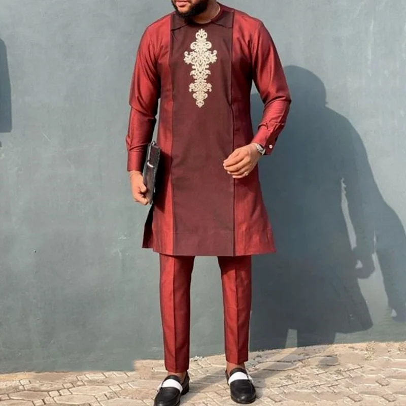 Islamic Men's Long Shirts Muslim Ethnic Straight Red Male Tops Spring Autumn Man Long Sleeve T-shirt African Clothing Ramadan