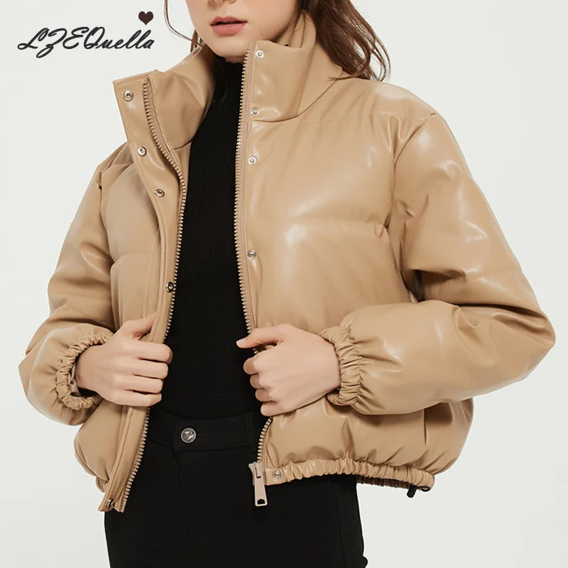 LZEQuella Women Thick Warm PU Faux Leather Padded Coat 2021 Winter Zipper Jacket Parka Long Sleeve Pockets Outerwear Tops NZ2963