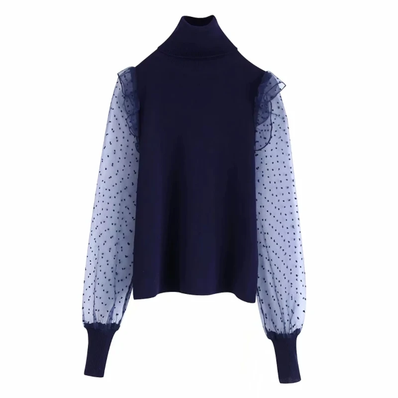 as pic Женские рубашки с воротником-хомутом и рукавом-фонариком в горошек из органзы, осень, женские облегающие Блузы для отдыха, вязаные топы S6739 - Цвет: as pic