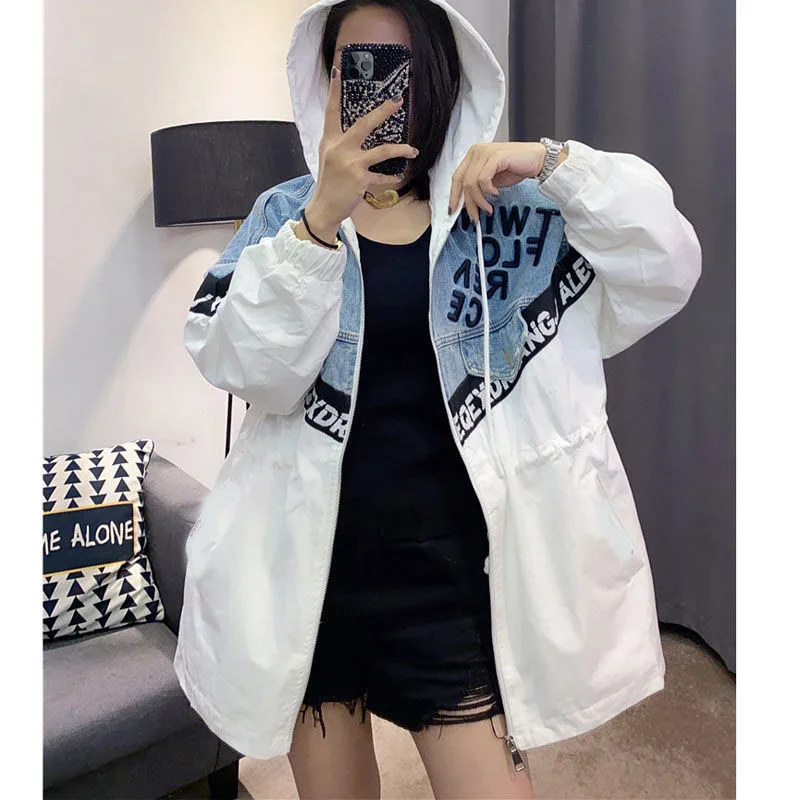 

2021 Spring Autumn Women Jacket Coat New White Drawstring Stitching Hooded Mid-Length Denim Clothings