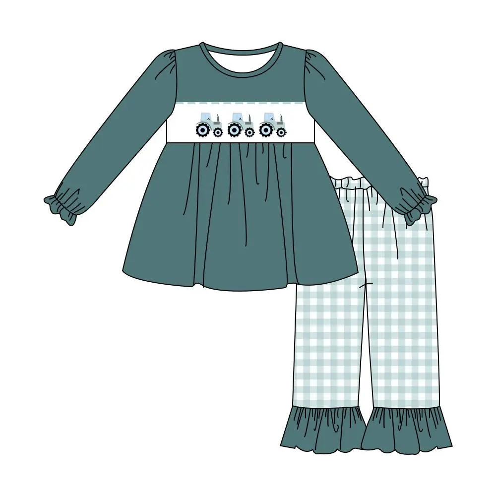 Ropa de oto&ntilde;o para ni&ntilde;os, Top de manga larga azul y pantalones a cuadros blancos, tres patrones de bordado de Tractor-1