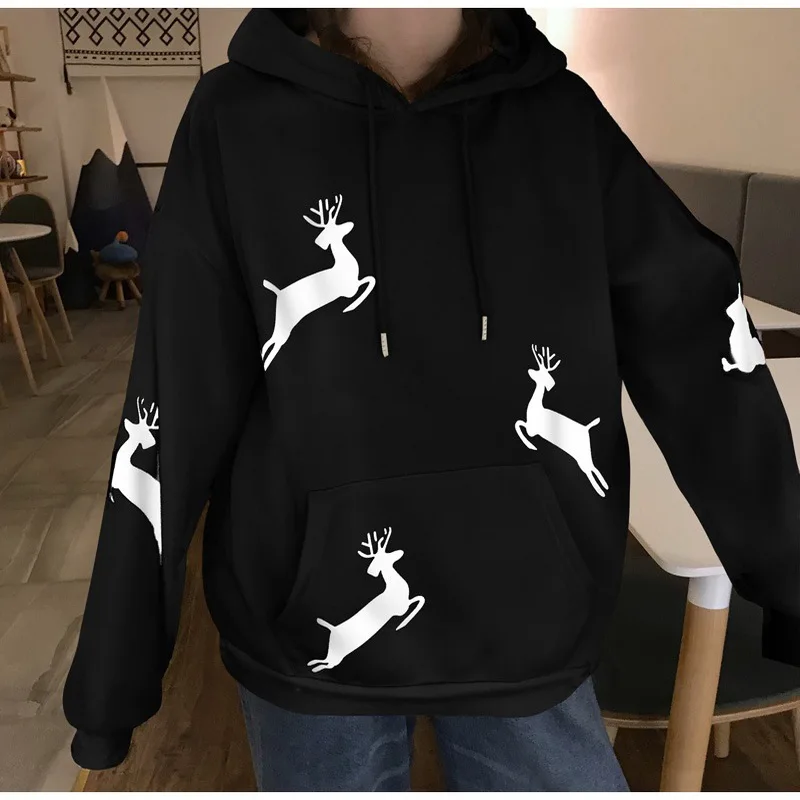

2021 Sweatshirt Women Autumn Winter Oversized Christmas Print Hoodies Loose Fleece Thickening Antler Cute Women Sweatshirt