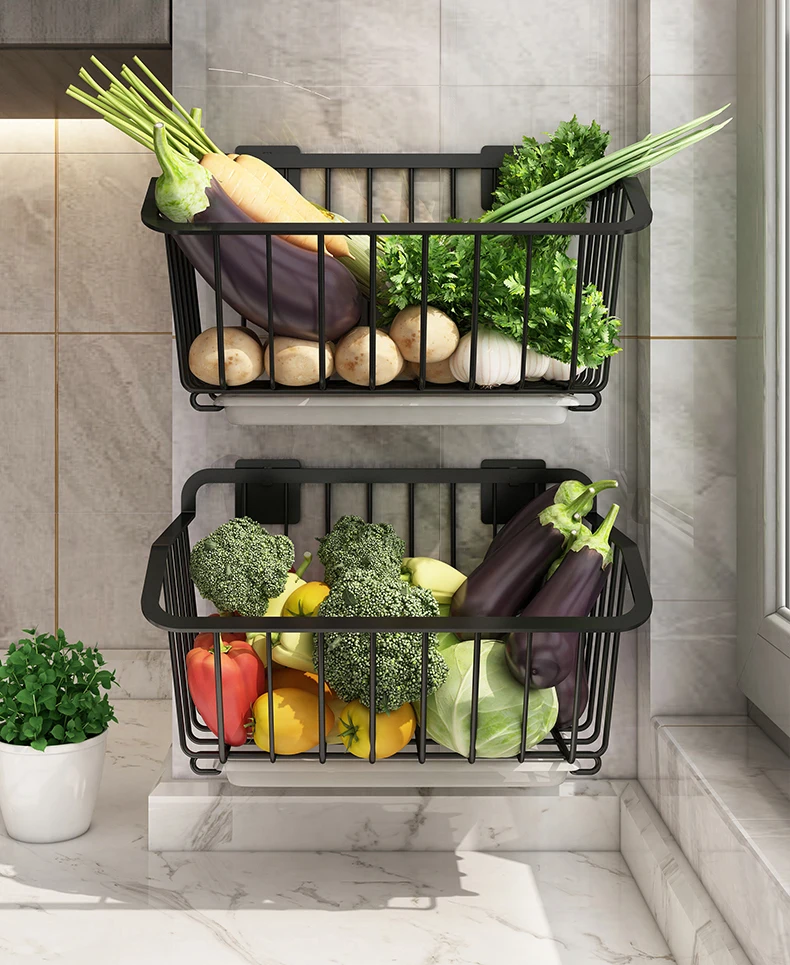 

Kitchen Basket Rack Punching-free Wall-hung Vegetable Storage Rack Fruit and Vegetable Basket Rack Fruit Drain Storage Basket