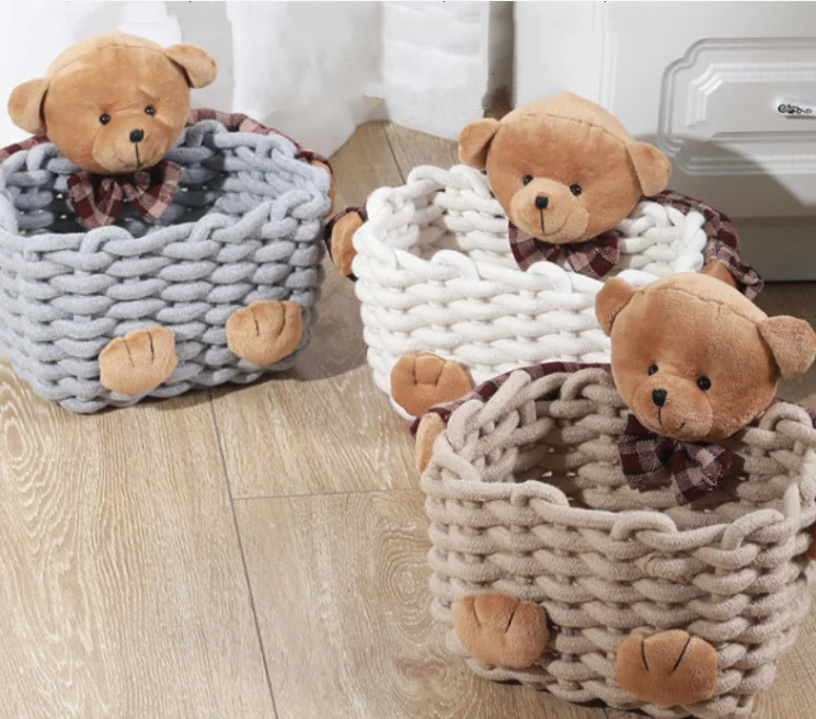 Корзина из хлопковой веревки с мягким медведем органайзер для домашней