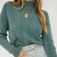 2021 o neck knitted women pullover sweater autumn winter puff sleeve female sweater solid green ladies leisure jumper tops