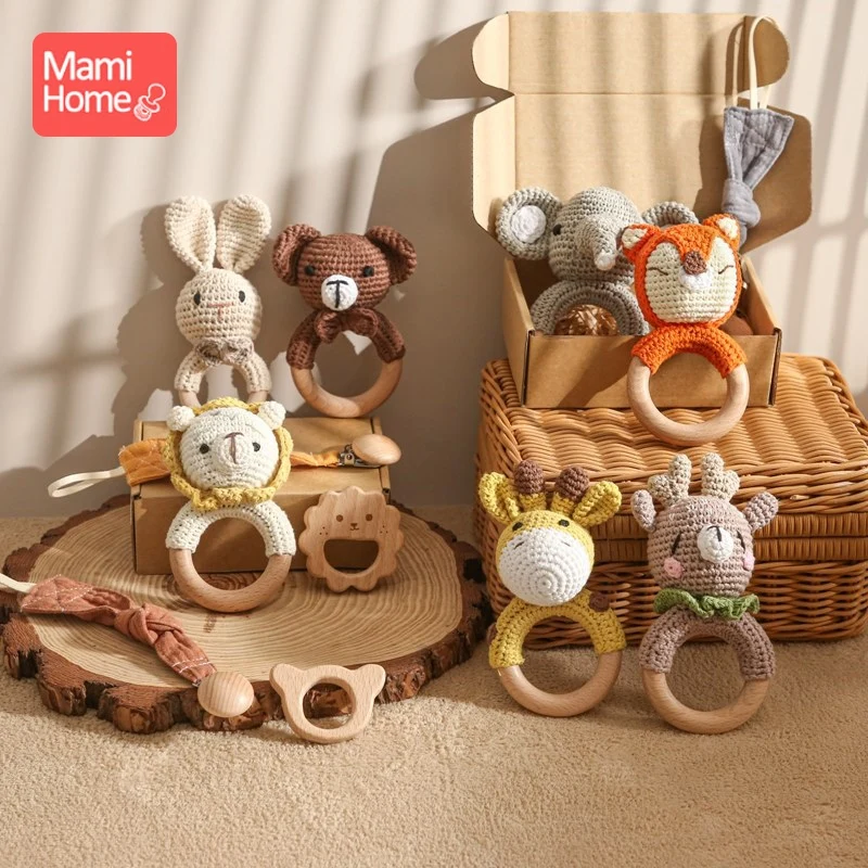 

3PCS/Set Crochet Animal Rattles Baby Teether Rattles Pacifier Clip Chain Beech Wooden Rodent Pendant BPA Free Bath Gifts Toy