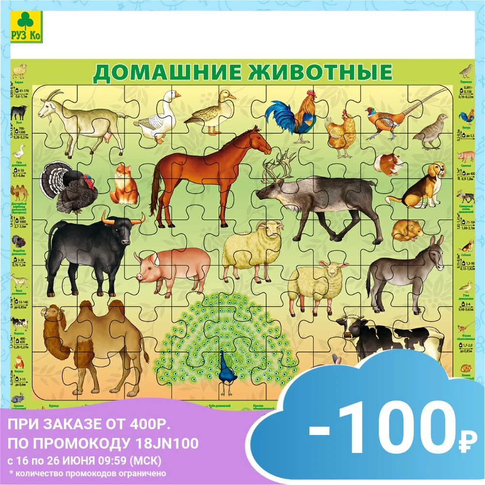 Домашние животные. Детский пазл на подложке Руз Ко (36х28 см 63 эл.)|Пазлы| |