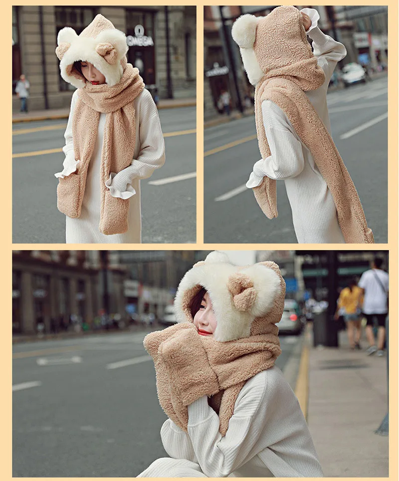 Модная шапка для животного с капюшоном из искусственного меха, с бантом, с ушками, с карманами для рук, для женщин, 3 в 1, теплая плюшевая шапка с шарфом, перчатки для мамы и ребенка