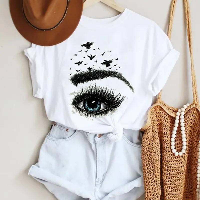 

Women Eyelash Trend Ladies Style Short Sleeve Fashion Cartoon Summer Lady Print Tee Graphic T Top Female Tshirts Clothes T-Shirt