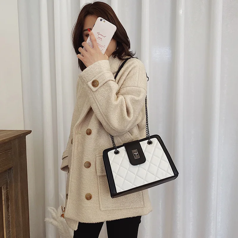 

European Style Handbag New Black White Rhomboid Women Small Square Bag Metal Chain Messenger Bag Fashion Women Shoulder Bag