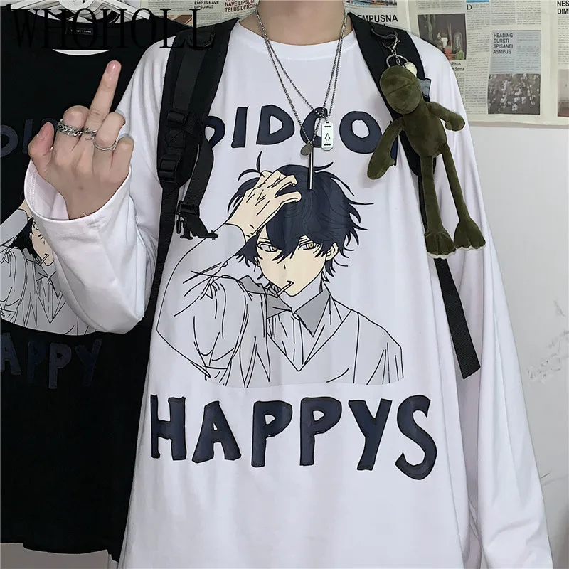 

WHOHOLL Man Causal T-shirt Hand-painted Cartoon Boy Print Long Sleeve T-shirt For Men Women Couples Tshirts Harajuku Top Tee