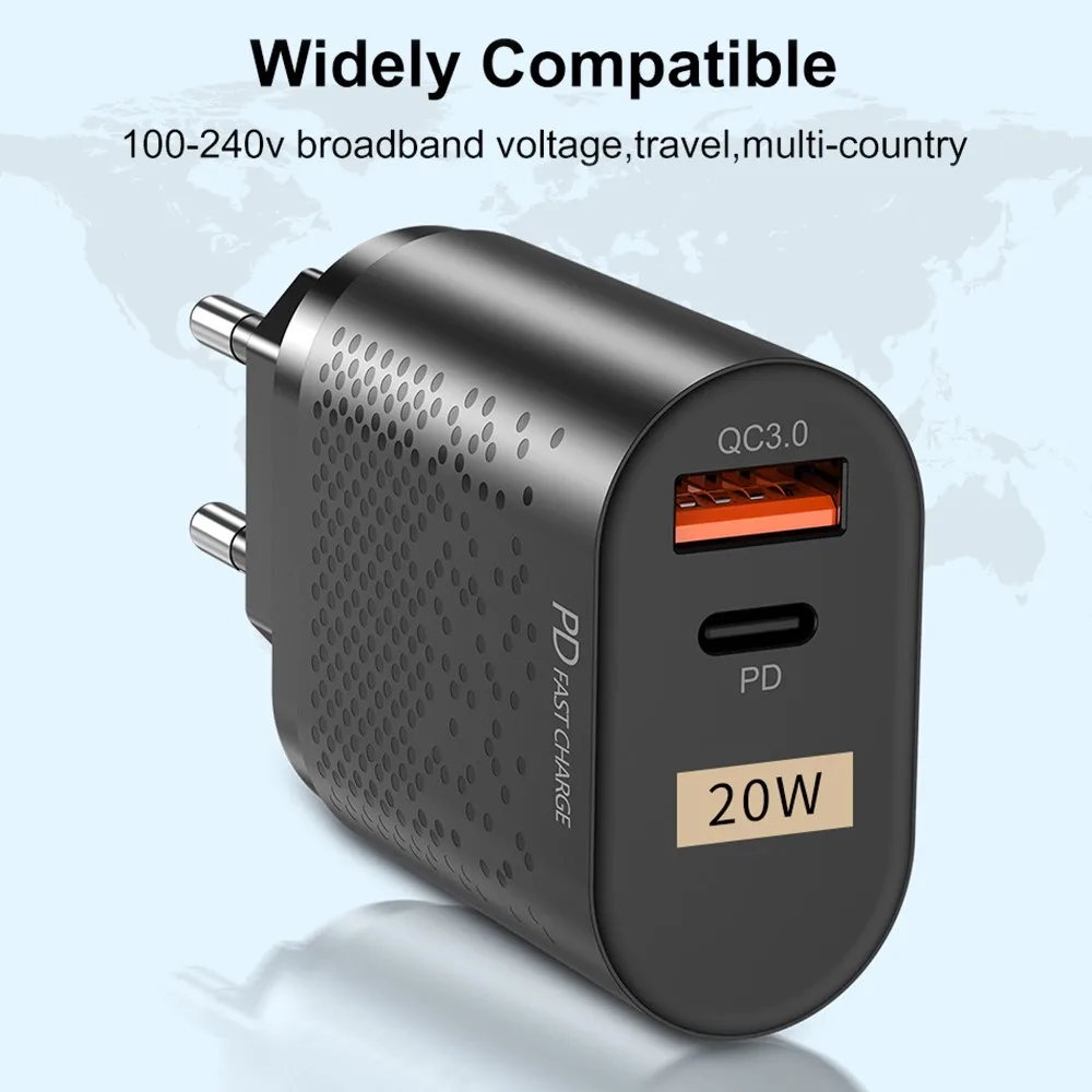 

20W PD Fast USB C Wall Charger Adapter 100-240V PD Quick Charge 3.0 Charging Adapter EU US Plug for iPhone 12 11 Xs Pro Max 8 7