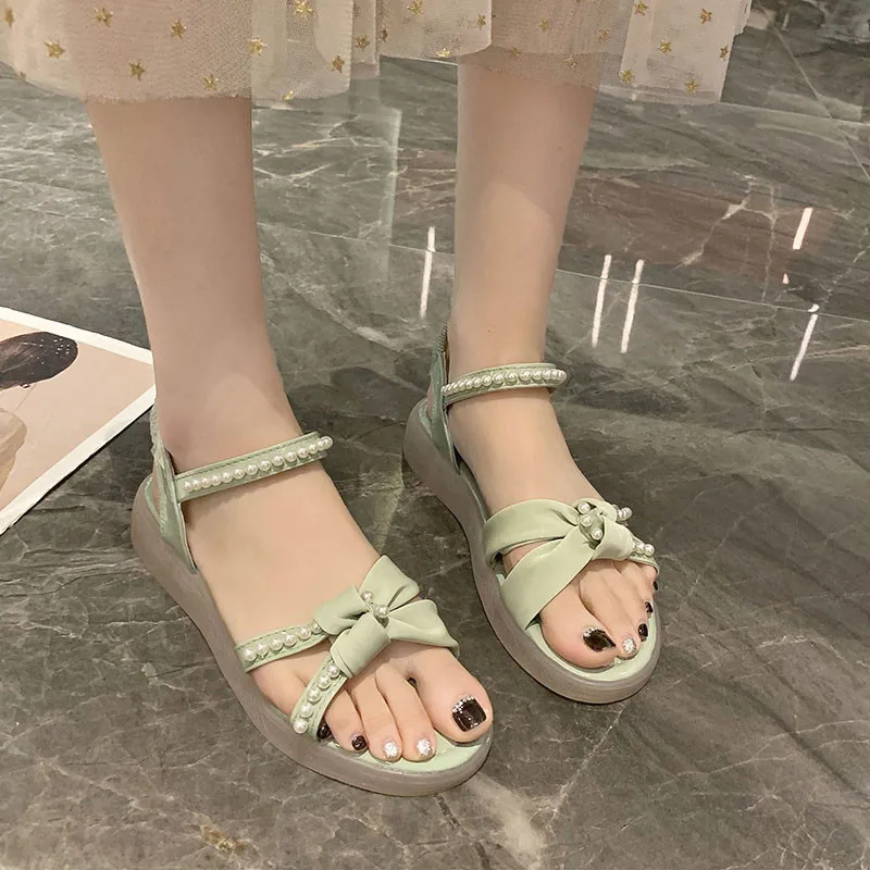 

2021 Summer Beige Heeled Sandals Bow Shoes Black Pearl Clear Girls New Elastic Band Fashion Comfort Low Beach PU Rubber Basic S