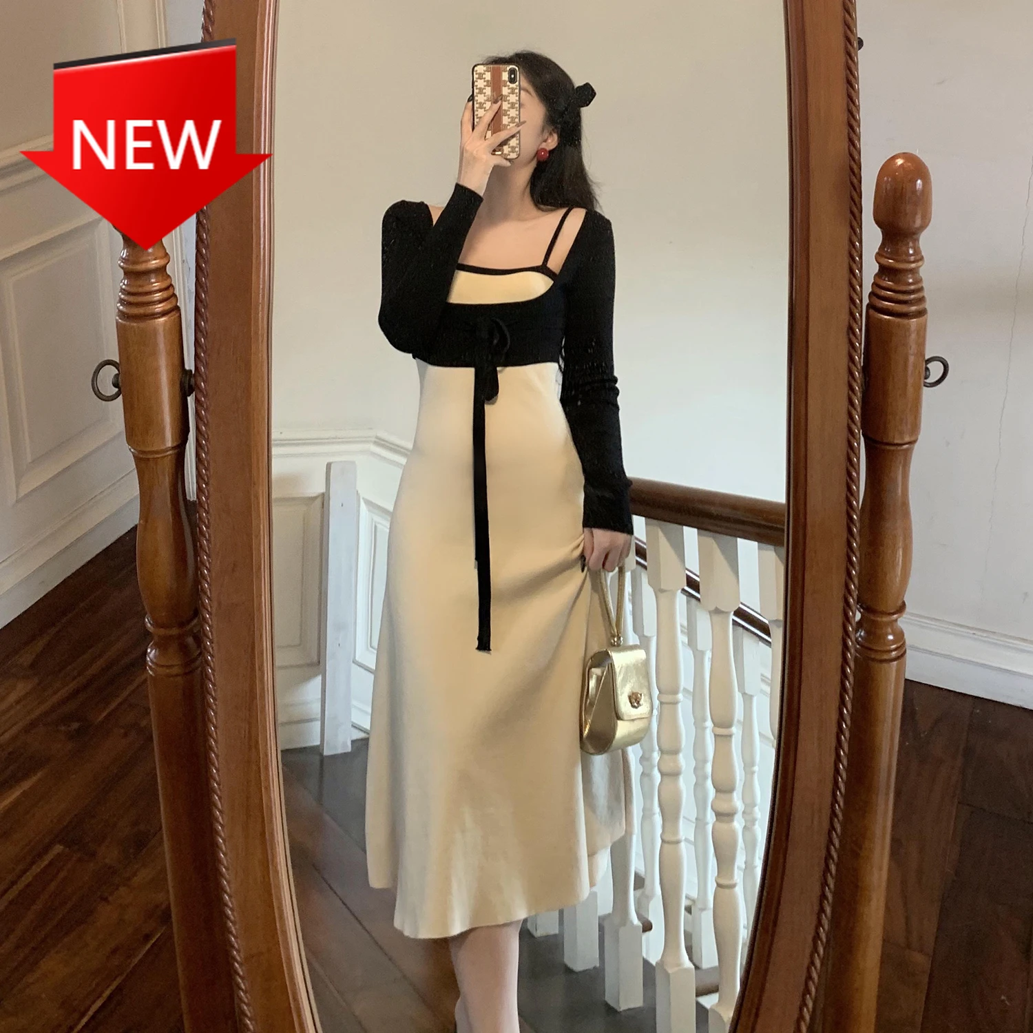 

Женский кружевной костюм из двух предметов, платье макси для вечеринки, Новинка осени 2021, винтажный корейский свитер, вязаное Бандажное жен...