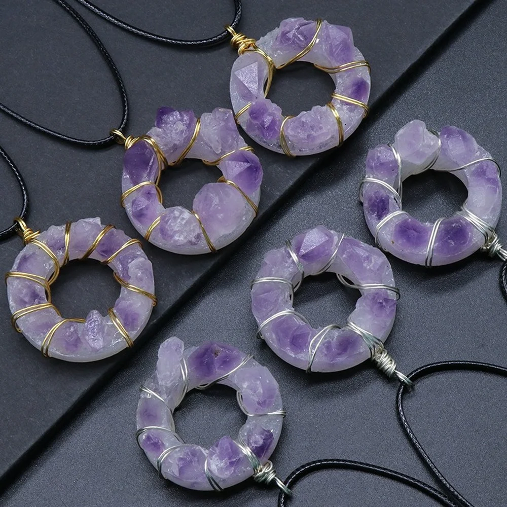 

1 Pcs Amethyst Silk Donut Vintage Pendant Amethyst Rough Stone and Resin Necklace 35mm Pendant Party Clothing Accessories 35mm
