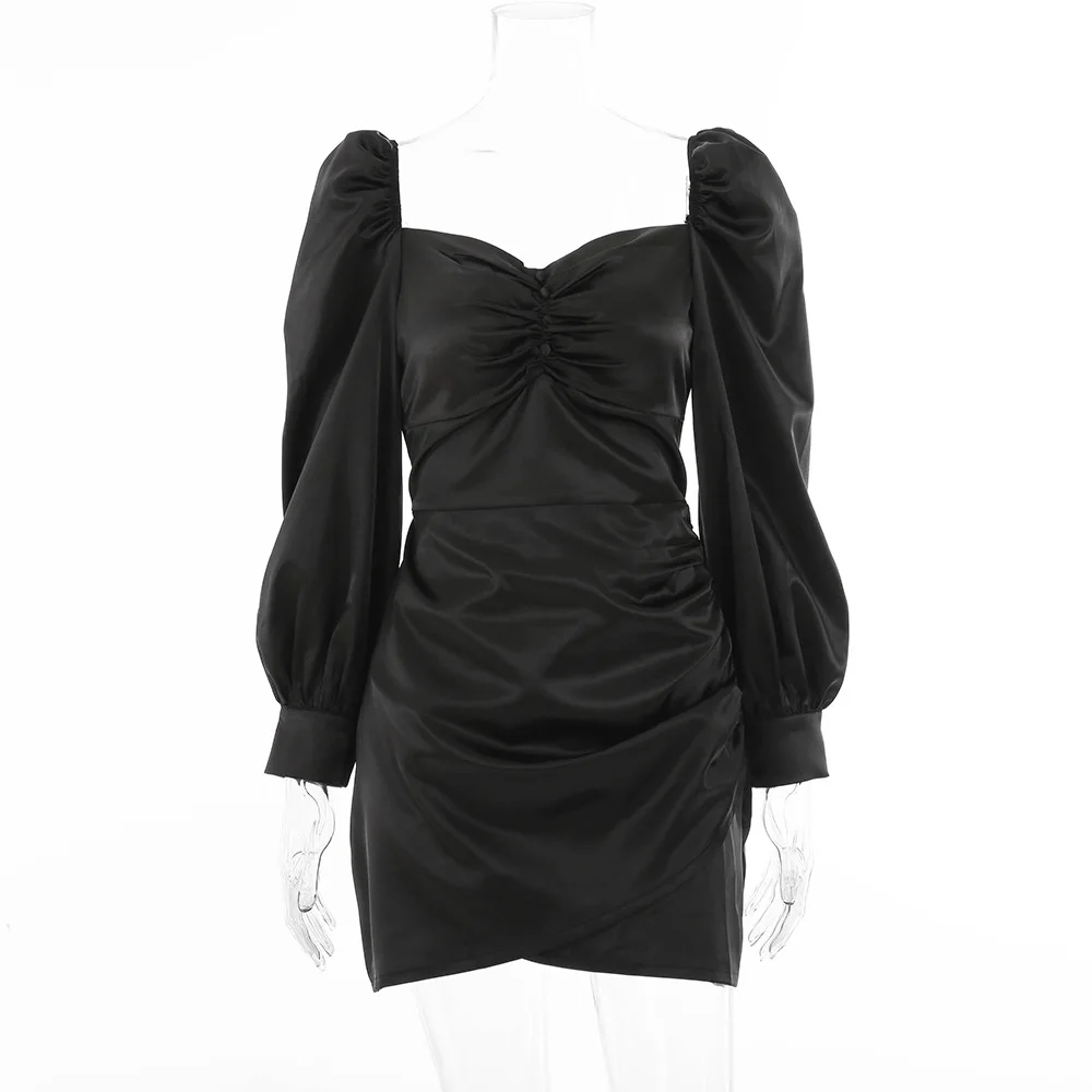 

Vestidos Mujer Black Puff Sleeve Chic Pencil Bodycon Dress 2021 Women Pleated Square Collar Sexy Mini Dress Elegant Party Slim