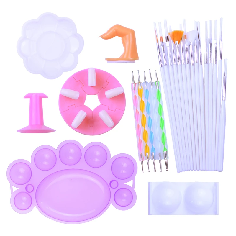 

15pcs nail art brushes + 5pcs Point drill pen + 2pcs Nail Art Palette + 1pcs Practice Finger for Nail Base Tools Set