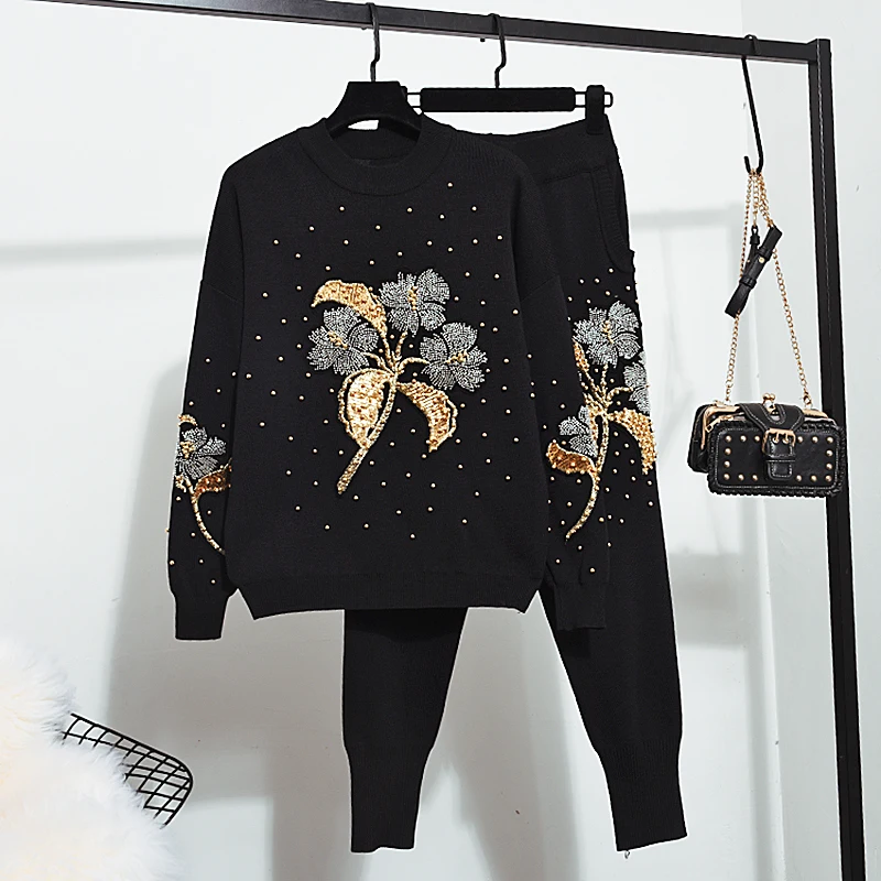 BLLOCUE Autumn 2 Piece Set Women Pullover Fashion Flowers Embroidery Beading Long sleeve Knitted Sweater + Pants Knit Tracksuits