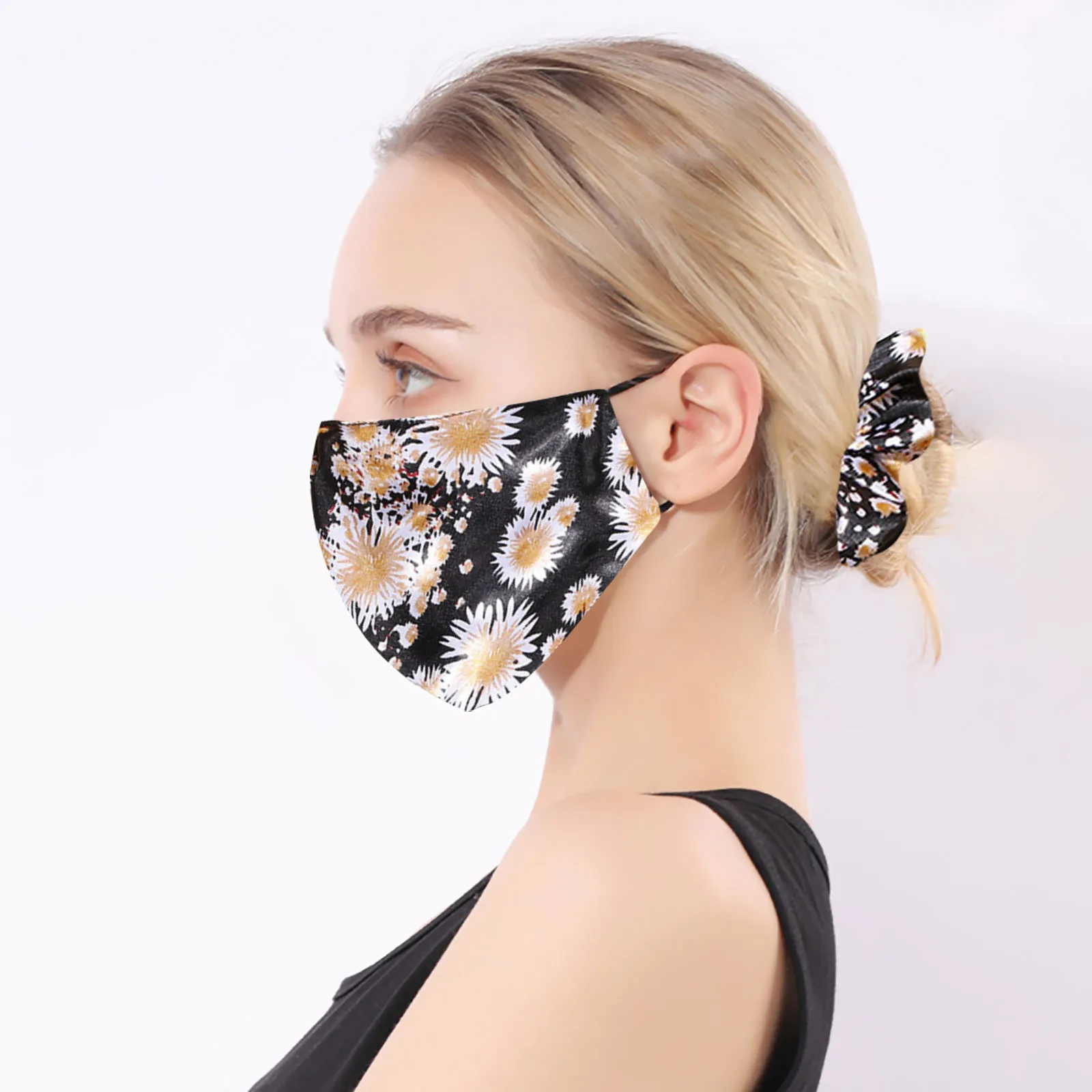 1 шт. Маска + 2 × резинка для волос с цветочным принтом взрослых моющаяся дышащая 24