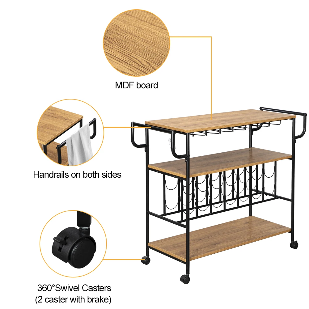 

US WarehouseIndustrial Bar Cart with Wine Rack and Glass Holder Metal Serving Cart and Kitchen Storage Cart 3 Shelves