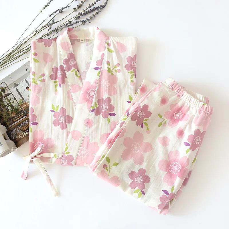 2022 Japanese Kimono Suit Pajamas Spring And Autumn Ladies Cotton Three-Quarter Sleeves Flowers Home Clothes Loose