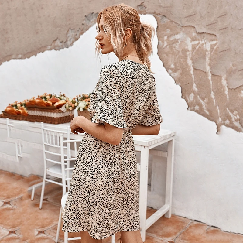 

Summer Woman Floral Print Mini-Skirt V-Neck Preppy Style Elastic Waist Button Ruffles Sleeve Robe Polka Dot Casual Short Dress