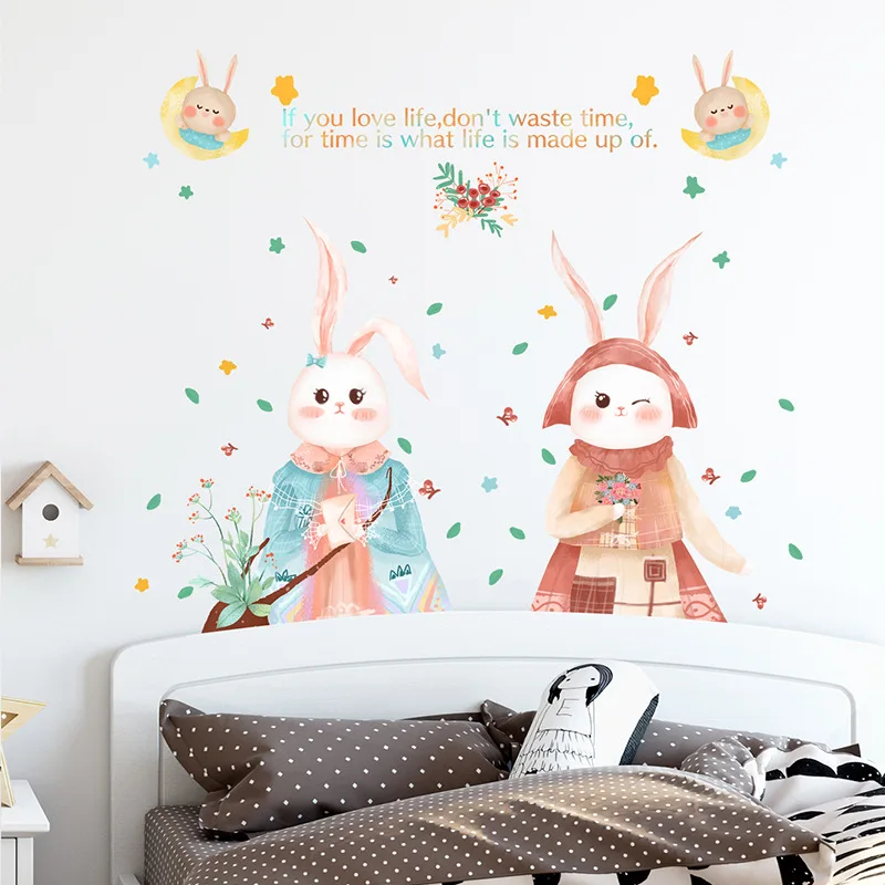 

New Cartoon Cute Two Bunnies Children Room Door Porch Kindergarten Decoration Background Wall Stickers