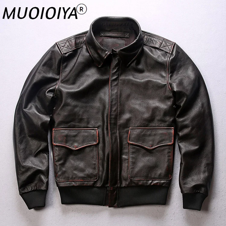 

Factory 2021 Men Black Edging A2 Pilot Jacket Outdoor Casual Genuine Leather Jackets S-XXXL Cow Skin Coat Free Shipping