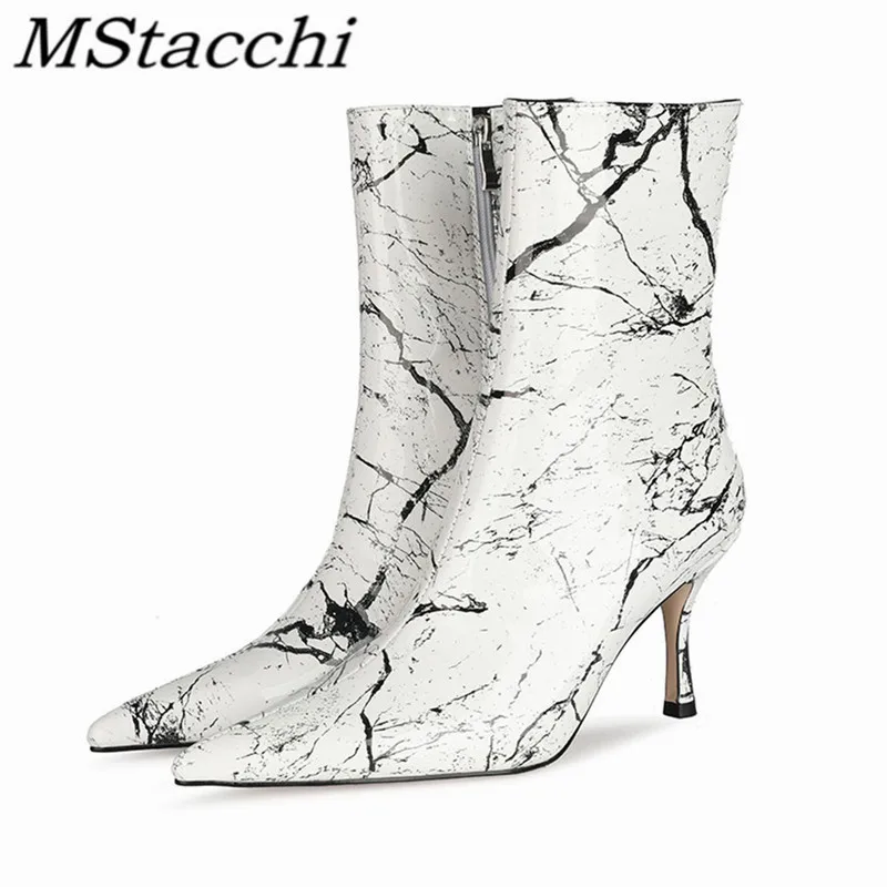 

MStacchi Mixed Colors Woman Mid-calf Boots Sexy Zipper-Sid Black White Graffiti Thin Heel Botas Mujer Spring Autumn Femme Shoes