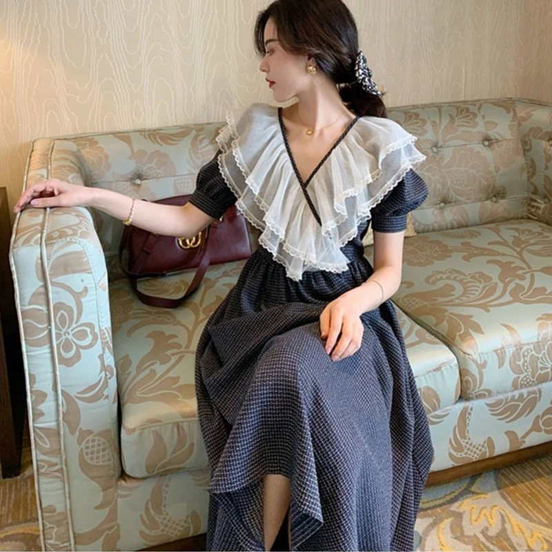 

Print Embroidery Lace Sexy Fairy Dress French Retro Summer Long Dresses Ladies Embroidery Short Sleeve Dress Y466