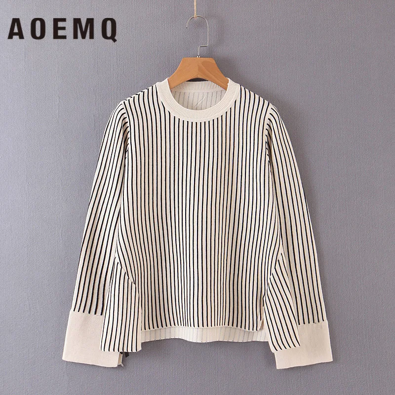 AOEMQ Sweaters Shirts Black Striped Simple Shirt Bow-Sweater Loose Coffee Office Lady Wear Winter Sweater Women Clothing | Женская