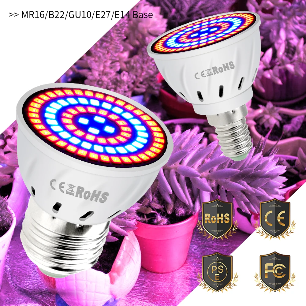 

E14 Светодиодная лампа для выращивания растений 48 60 80 светодиодов E27 220 В фитолампада MR16 Светодиодный растительный светильник GU10 полный спект...