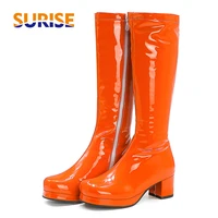 2021 big size women knee high platform boots orange red patent leather high square heels lady round toe zipper long riding boots