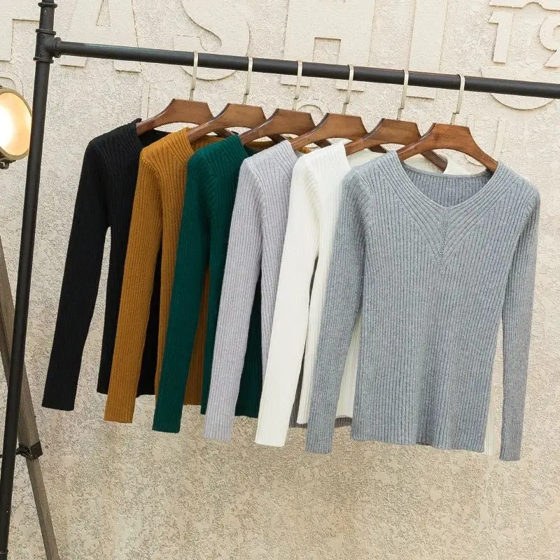 

Осень-зима 2021, однотонная трикотажная рубашка с V-образным вырезом, Облегающий мягкий пуловер, свитер с длинным рукавом для женщин Y11